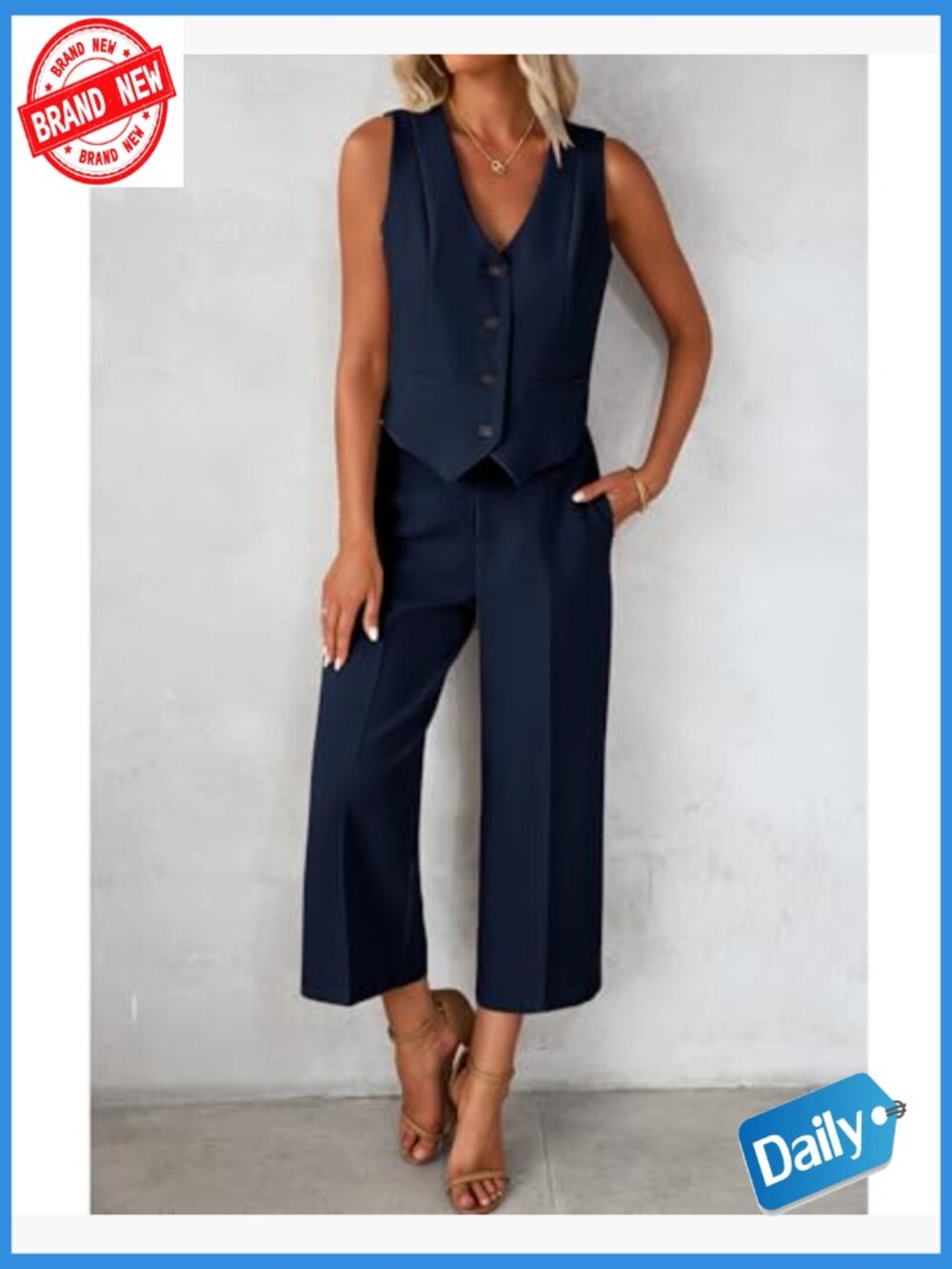 Women's 2 Piece Sleeveless Vest & Wide Leg Capri Pant Suit Set Dressy Casual - Picture 5 of 7